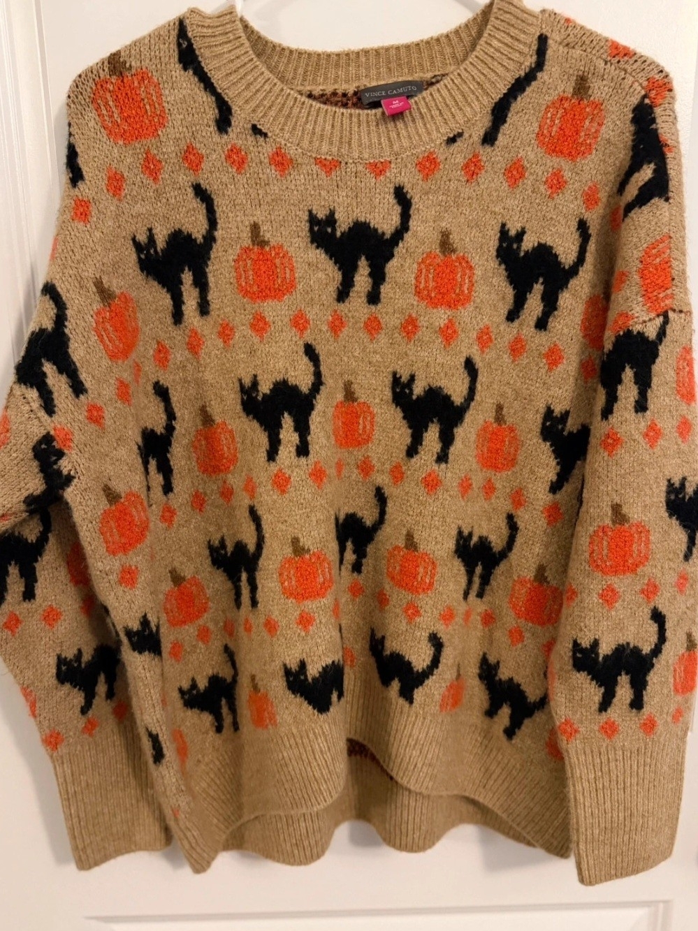 Vince Camuto Tan Crewneck Sweater with Black Cat & Orange Pumpkin Pattern
